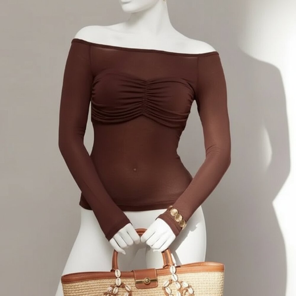 Coming soon…Brown Slim Fit Off Shoulder Neck Blouse
